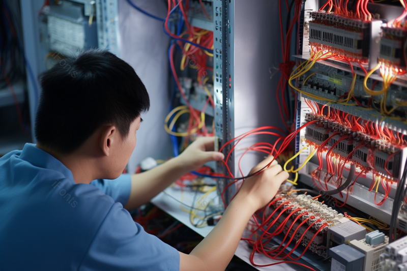 专业的工人师傅在设备线路连接安装调试,高清,摄影图,摄影图片,图片大全,摄影图免费下载